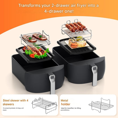 Set 17 accesorii pentru friteuza cu aer cald Ninja Foodi AF300EU, AF400EU, AF500EU, dual zone 7.6L-9.5L, silicon alimentar fara BPA si inox 304, 2 insertii silicon, gratar pentru gatit si frigarui, forme briose, manusi, cleste si 100 foi hartie de copt