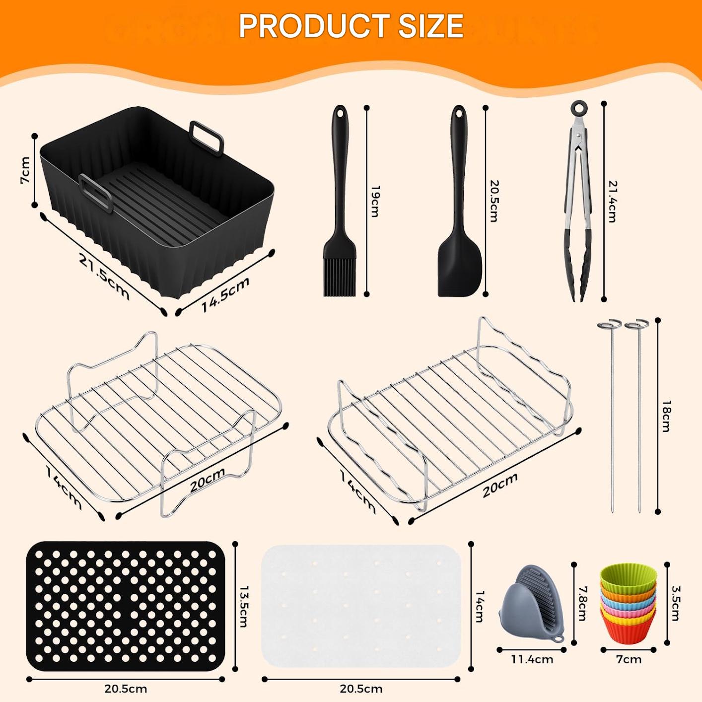 Set 17 accesorii pentru friteuza cu aer cald Ninja Foodi AF300EU, AF400EU, AF500EU, dual zone 7.6L-9.5L, silicon alimentar fara BPA si inox 304, 2 insertii silicon, gratar pentru gatit si frigarui, forme briose, manusi, cleste si 100 foi hartie de copt