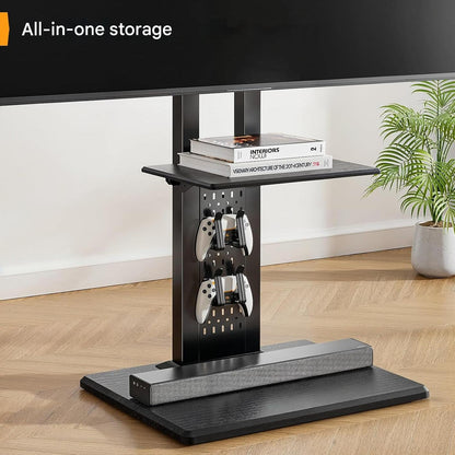 Suport TV, stand pentru televizor 32-86 inch, VESA 600 x 400 mm, pana la 60 kg, 6 reglaje de inaltime cu raft, baza eleganta din lemn