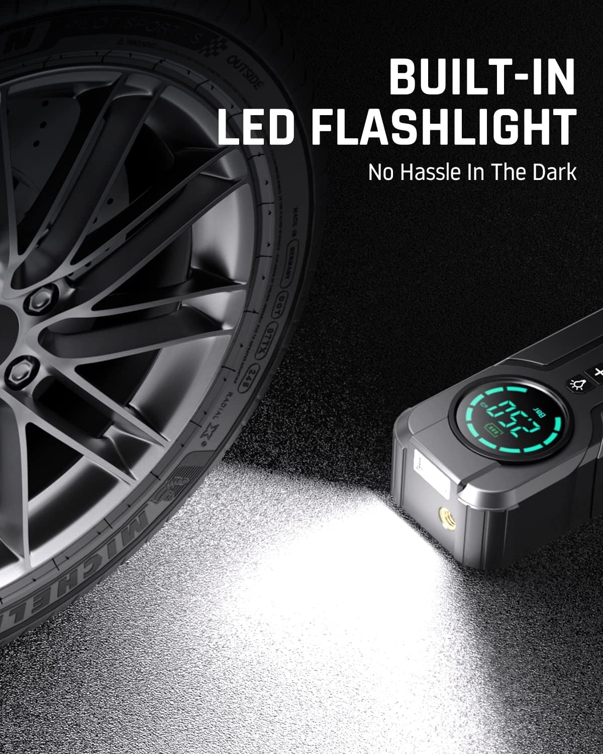 Pompa aer auto electrica 10 Bar, compresor cu display LED, acumulator 6000 mAh, lanterna, functie powerbank, 4 moduri umflare presetate, pentru masina, motocicleta, bicicleta, minge