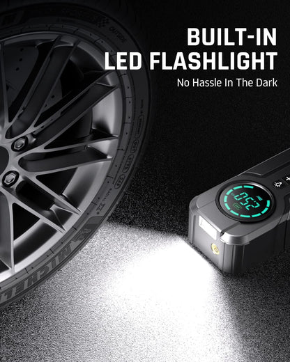 Pompa aer auto electrica 10 Bar, compresor cu display LED, acumulator 6000 mAh, lanterna, functie powerbank, 4 moduri umflare presetate, pentru masina, motocicleta, bicicleta, minge
