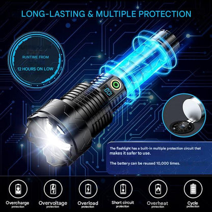 Lanterna tactica LED, din aluminiu, 50000 lumeni, profesionala, focus ajustabil, 5 moduri iluminare, acumulator inclus de 5000 mAh, rezistenta la apa IPX7, incarcare USB, sursa XHP360 negru