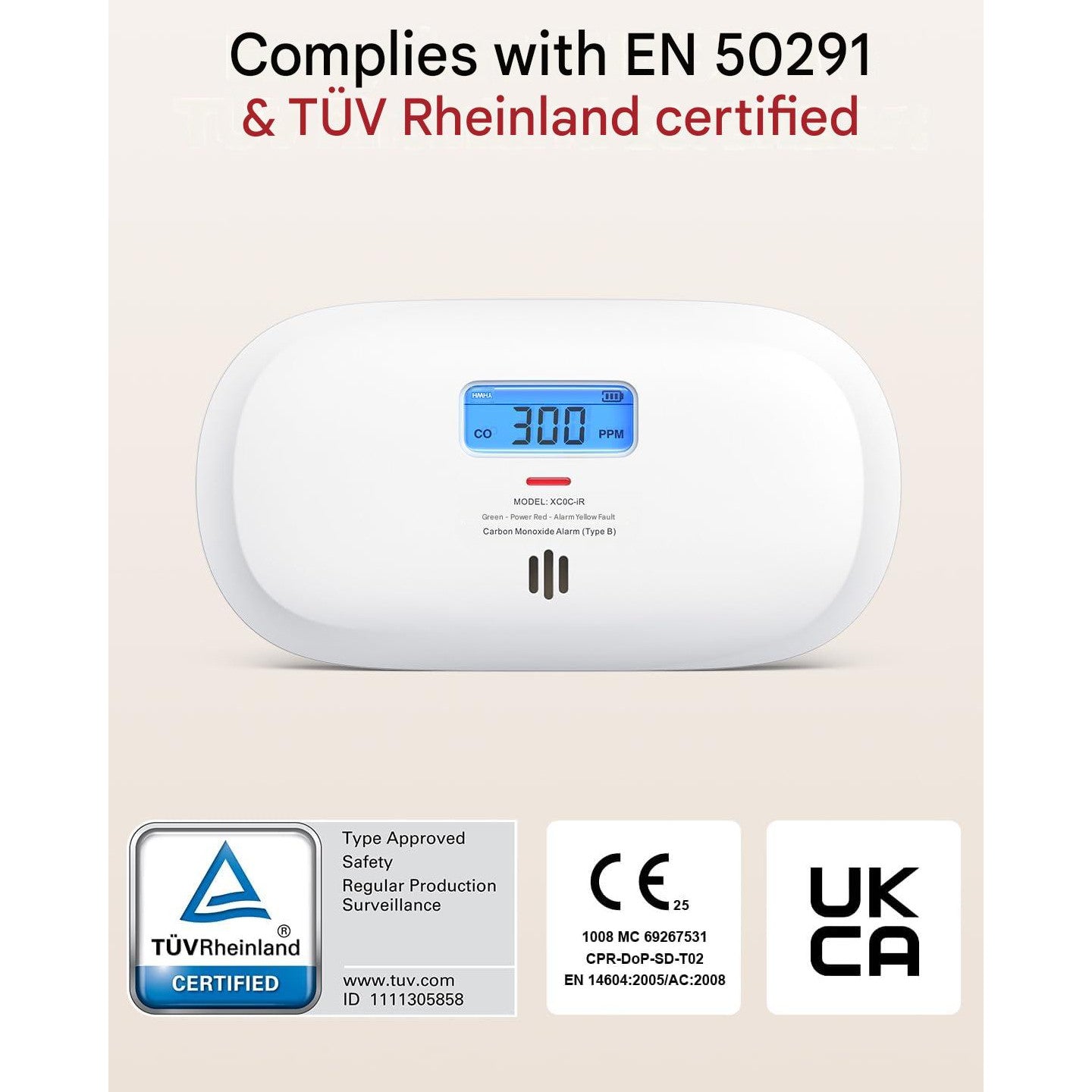 Detector inteligent de monoxid de carbon X-Sense XC0C-iR, Wi-Fi 2.4GHz, senzor electrochimic, afisaj LCD, alerte in timp real pe telefon, baterie inlocuibila, montaj perete sau portabil
