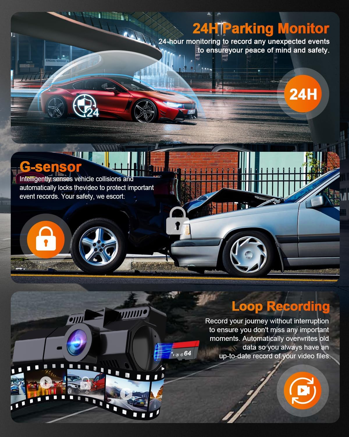 Camera auto de bord cu WiFi, GPS si 3 canale, camera marsarier, inregistrare fata si habitaclu, 4K, nightvision, G-Sensor, monitorizare parcare, ghidaj parcare, inregistrare in bucla, ecran de 2.45 inch