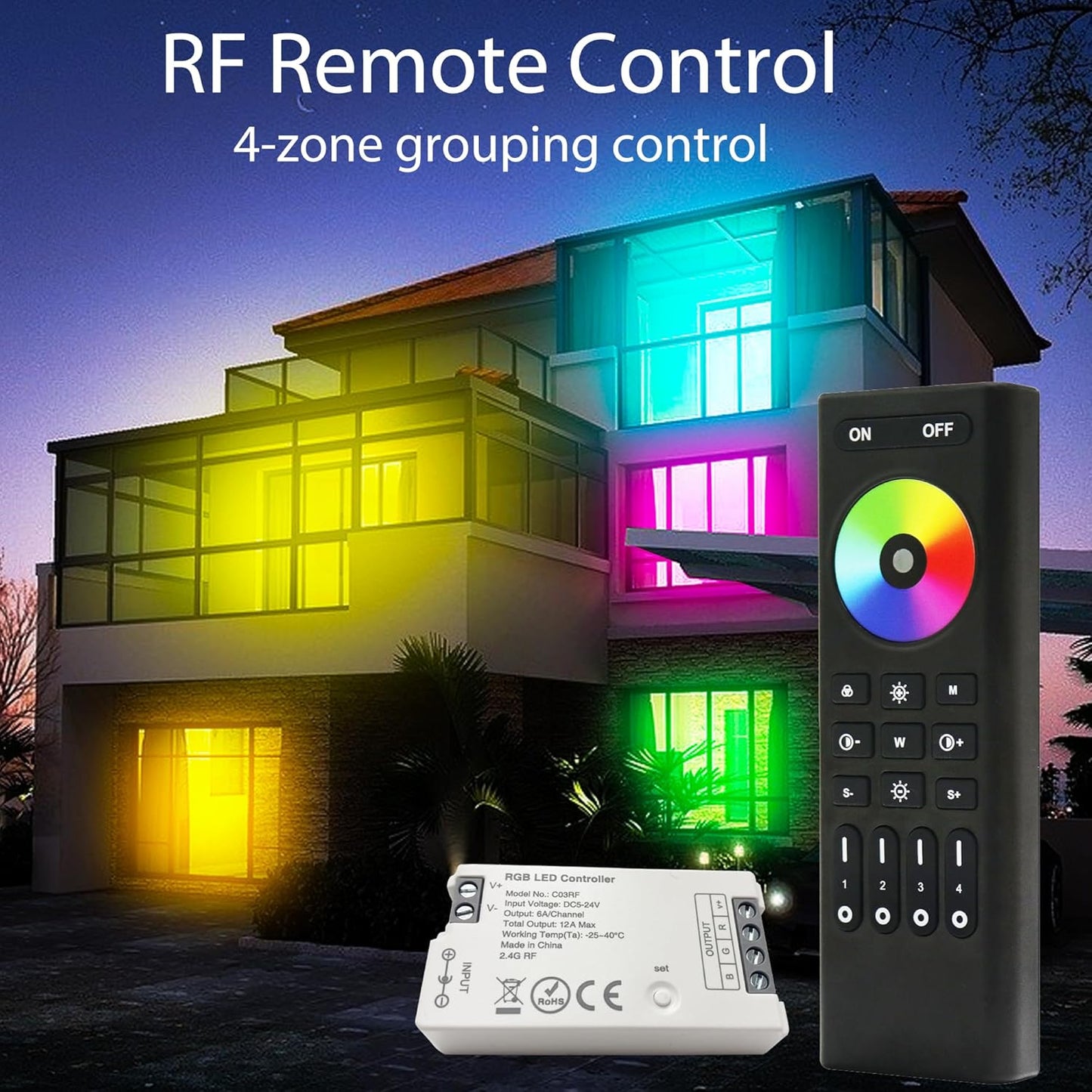 Set 2 controler LED RGB Wireless cu telecomanda 2.4GHz pe 4 zone, pentru banda LED, DC 5V-24V, reglare luminozitate, selectare culoare, usor de utilizat