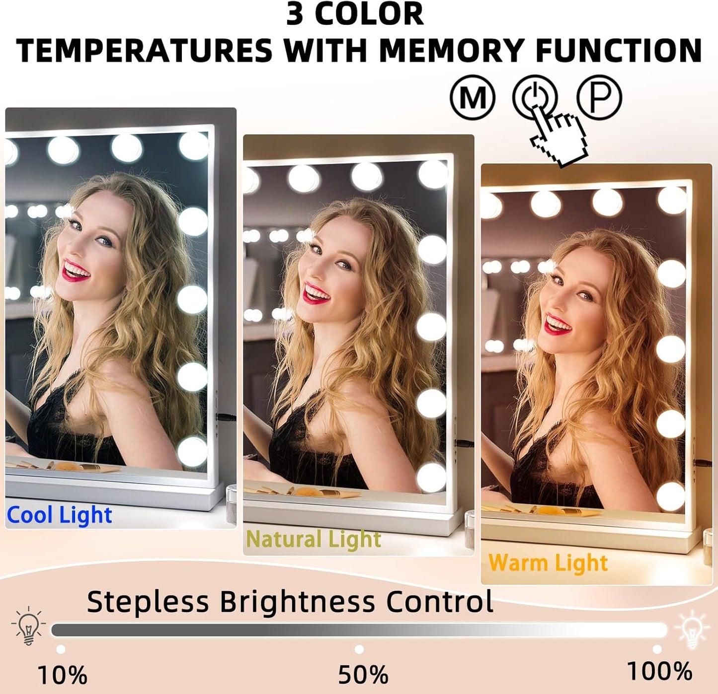Oglinda machiaj cosmetica profesionala, 58 x 48 cm, cu 15 lumini LED, 3 temperaturi culoare alb cald-alb rece, luminozitate reglabila, cu port USB, cu stand si prindere in perete
