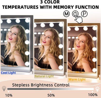 Oglinda machiaj cosmetica profesionala, 58 x 48 cm, cu 15 lumini LED, 3 temperaturi culoare alb cald-alb rece, luminozitate reglabila, cu port USB, cu stand si prindere in perete