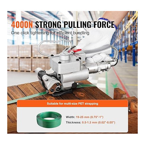 Aparat pneumatic de legat banda PP/PET, latime de 1, 9 - 2, 54 cm, forta mare intindere 4000N, presiune de 0, 5 - 0, 8 MPa, pentru hartie, aluminiu, otel, lemn, fibre chimice, bumbac, panouri din lemn, marmura, caramizi
