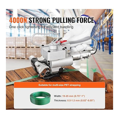 Aparat pneumatic de legat banda PP/PET, latime de 1, 9 - 2, 54 cm, forta mare intindere 4000N, presiune de 0, 5 - 0, 8 MPa, pentru hartie, aluminiu, otel, lemn, fibre chimice, bumbac, panouri din lemn, marmura, caramizi
