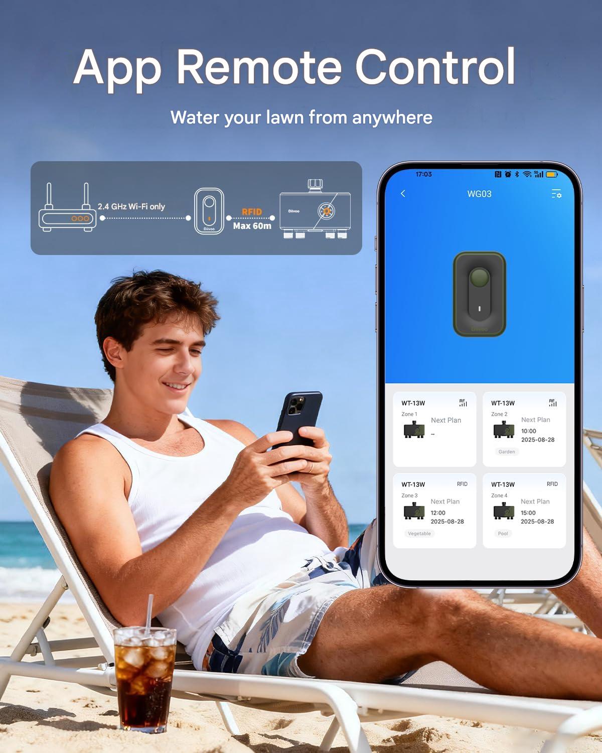 Programator irigatii inteligent, 4 zone independente, WiFi 2.4 GHz, control prin aplicatia HomGar, cu Gateway inclus, compatibil Alexa si Google Assistant, 24 programe de udare, intrare din alama, functie Rain Delay 24-72 h, mod ceata, udare manuala