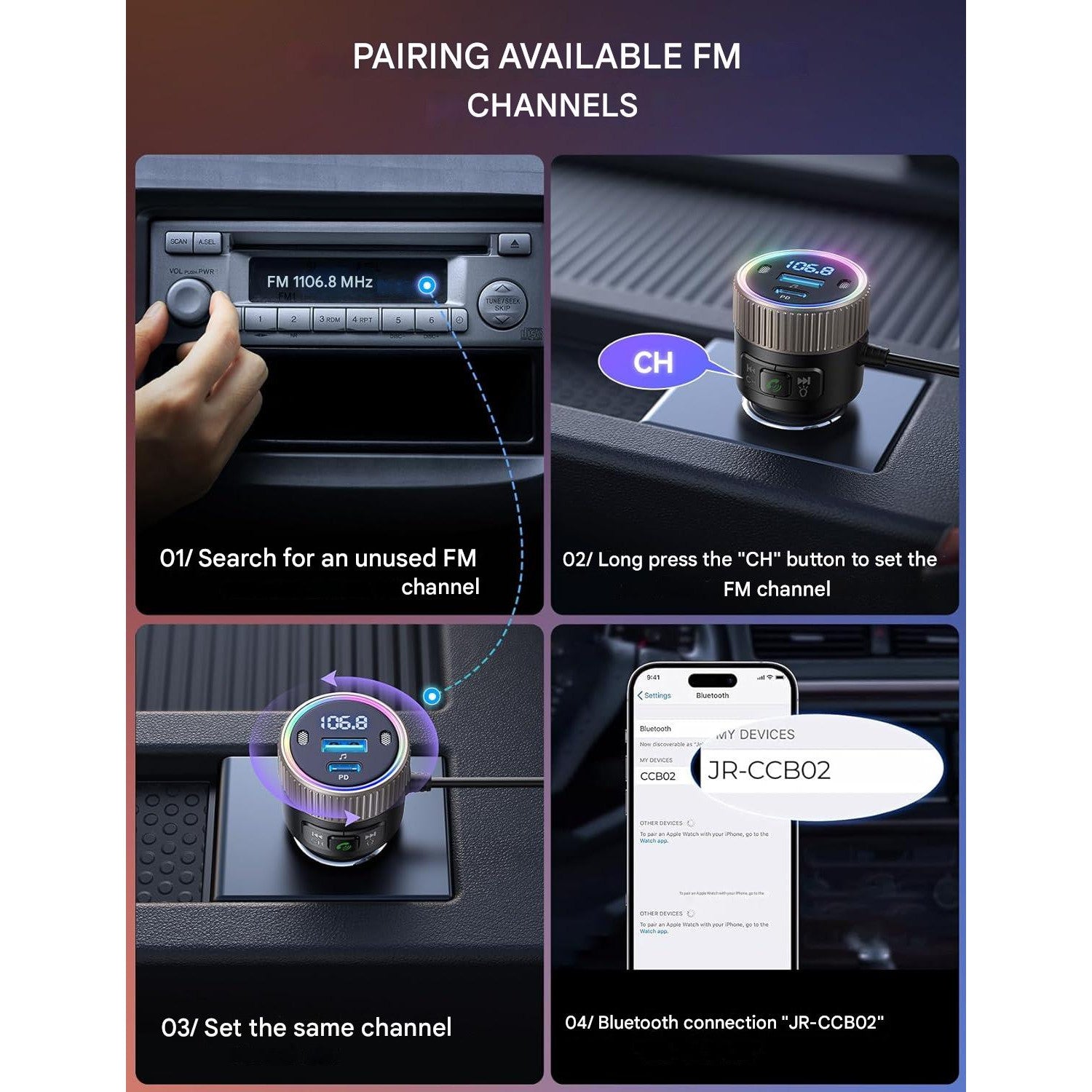 Modulator FM cu Bluetooth 5.4, apeluri Hands‑Free si dual microfon, incarcare rapida 60W (PD 30W + USB‑C 30W), Redare U‑Disk, LED multicolor, negru