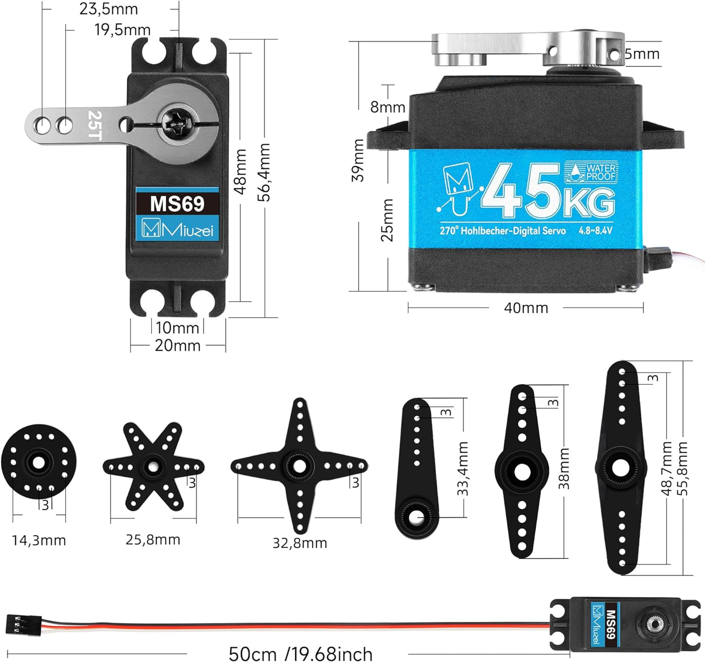 Set 2 servomotor RC 45Kg, 4.8V - 8.4V, impermeabil, angrenaj metalic, unghi operare de 270°, pentru brat robot, barca RC, masina RC, model avion, model elicopter, cu cablu de 0.5 m