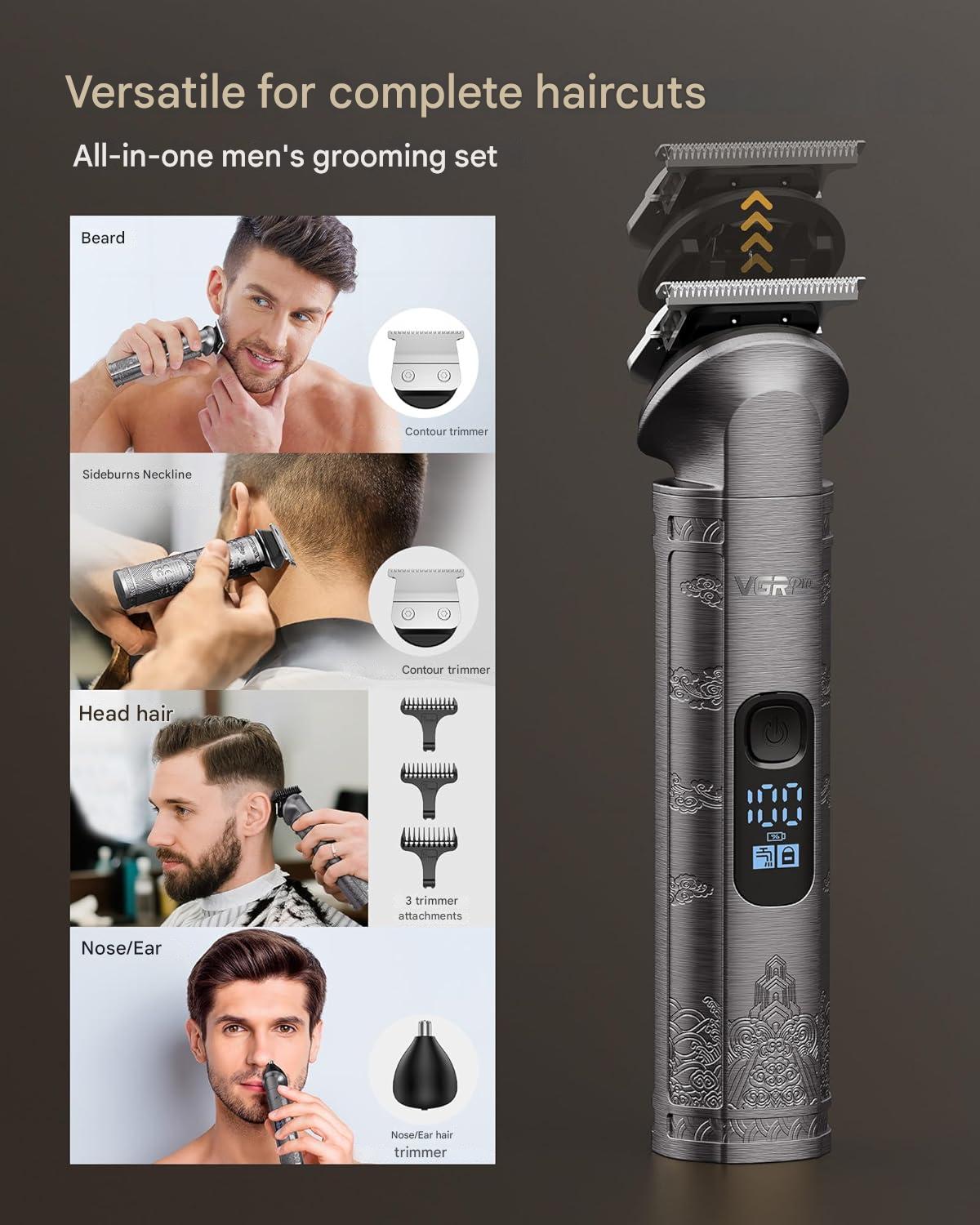 Set masina de tuns profesionala VGRPRO 3 in 1 masina de tuns, trimmer si aparat de ras, 4 viteze pana la 7500 RPM, 15 accesorii, impermeabil IPX7, display LED, baterie reincarcabila, wireless, pentru par si barba