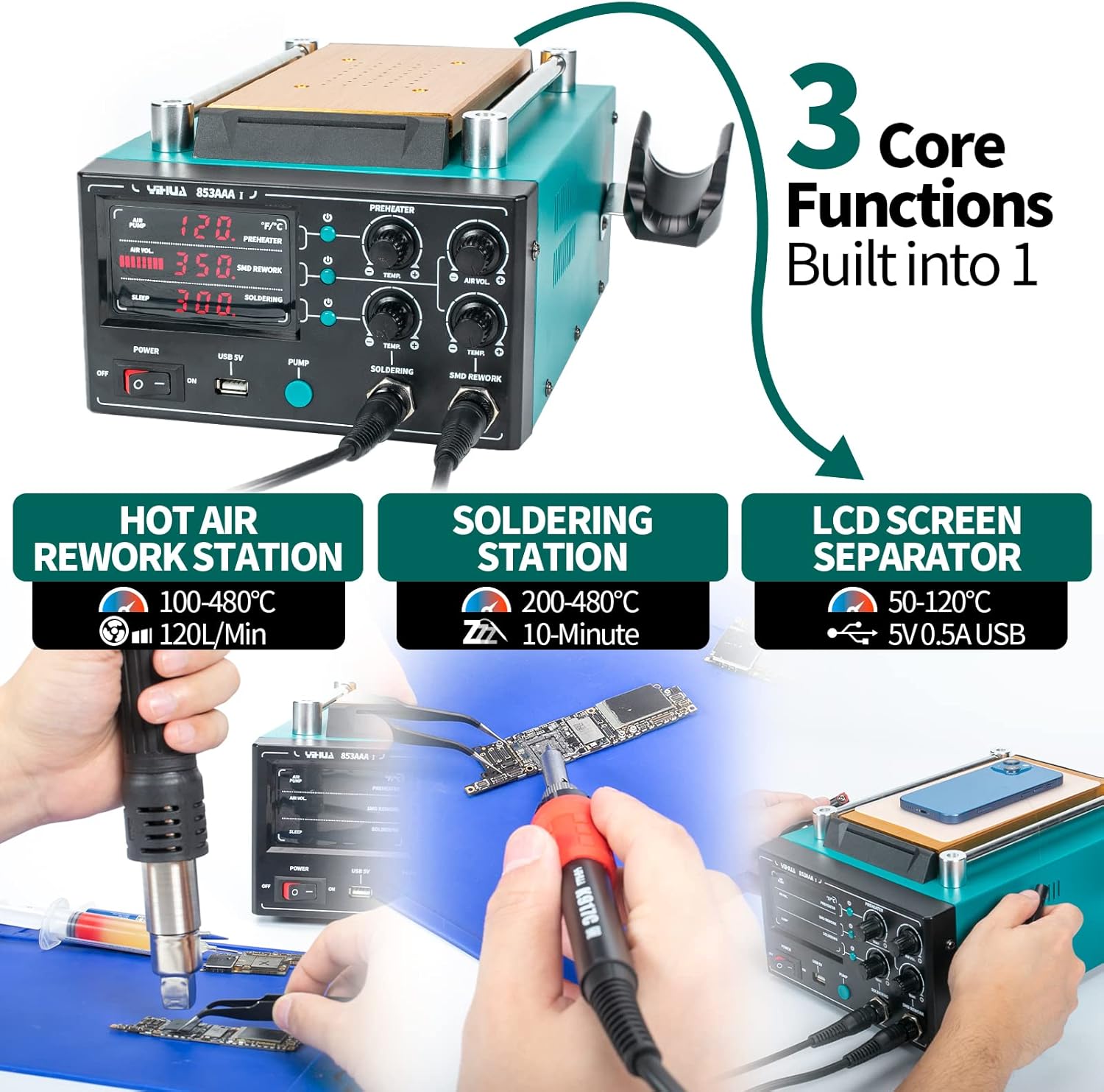 Statie de lipit si dezlipit cu aer cald, letcon si separator ecran LCD, 1180W, temperatura reglabila, display LED, port USB 5V, functie standby, multifunctionala