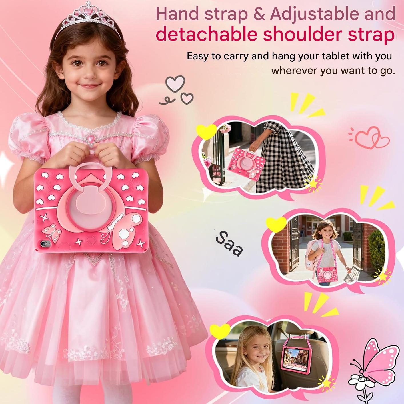 Husa de protectie iPad A16 11″ / A10 10,9″ – Fluture, roz, rezistenta la socuri, cu maner rotativ 360°, suport si curea de umar