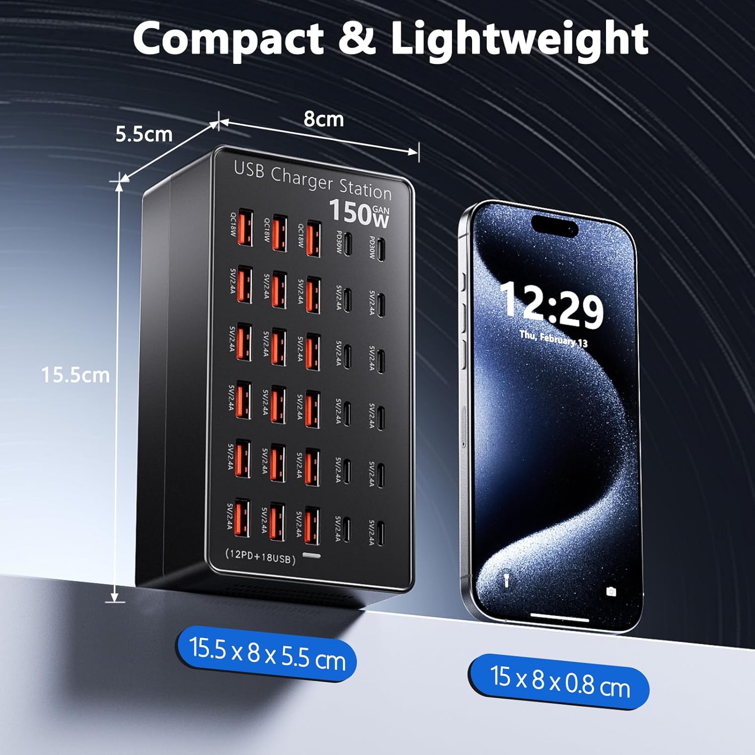 Statie de incarcare USB 150W, 30 porturi 12x USB-C + 18x USB-A, PD 30W si QC 18W, tehnologie GaN, incarcare simultana pentru telefoane, tablete, casti si smartwatch, cablu alimentare 1.5m, negru