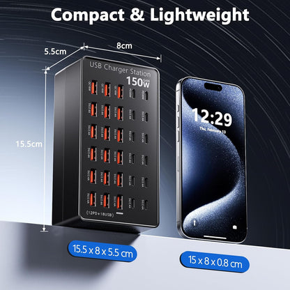 Statie de incarcare USB 150W, 30 porturi 12x USB-C + 18x USB-A, PD 30W si QC 18W, tehnologie GaN, incarcare simultana pentru telefoane, tablete, casti si smartwatch, cablu alimentare 1.5m, negru