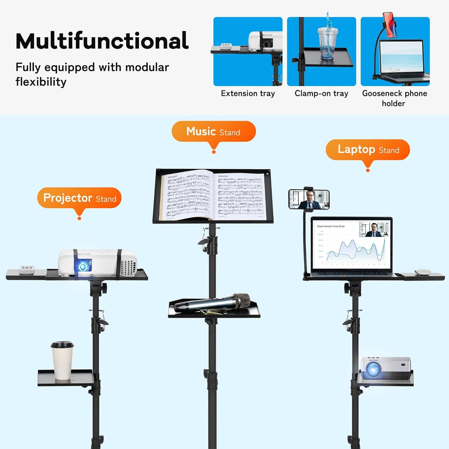 Suport mobil pentru videoproiector/laptop, stand cu inaltime reglabila 71-137 cm, cu rotile, pin de blocare, suport smartphone, capacitate 14 kg, din metal, unghi reglabil 180°, pentru proiector, tableta, mixer, laptop, partitura, negru