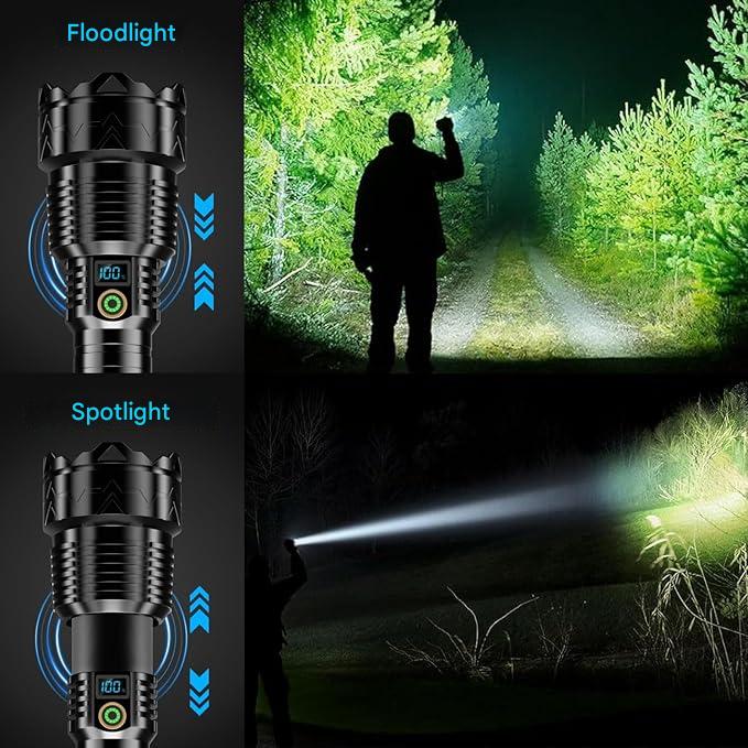 Lanterna tactica LED, din aluminiu, 50000 lumeni, profesionala, focus ajustabil, 5 moduri iluminare, acumulator inclus de 5000 mAh, rezistenta la apa IPX7, incarcare USB, sursa XHP360 negru