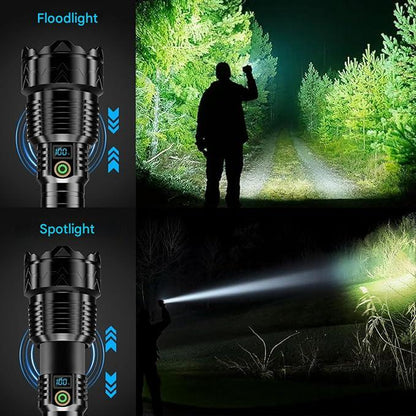 Lanterna tactica LED, din aluminiu, 50000 lumeni, profesionala, focus ajustabil, 5 moduri iluminare, acumulator inclus de 5000 mAh, rezistenta la apa IPX7, incarcare USB, sursa XHP360 negru