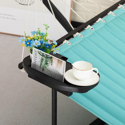 Hamac cu suport metalic, cadru din otel, din bumbac, 350 x 120x 74 cm, ajustabil, cu tavita si perna, greutate suportata 136 kg, usor de asamblat, pentru adulti si copii