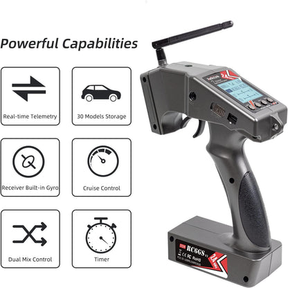 Set Radiocomanda cu 7 canale si receptor R7FG cu giroscop, telecomanda RC 2, 4 GHz, raza de actiune pana la 600 m, dual-rate, pentru masina RC, modele de barca, camion