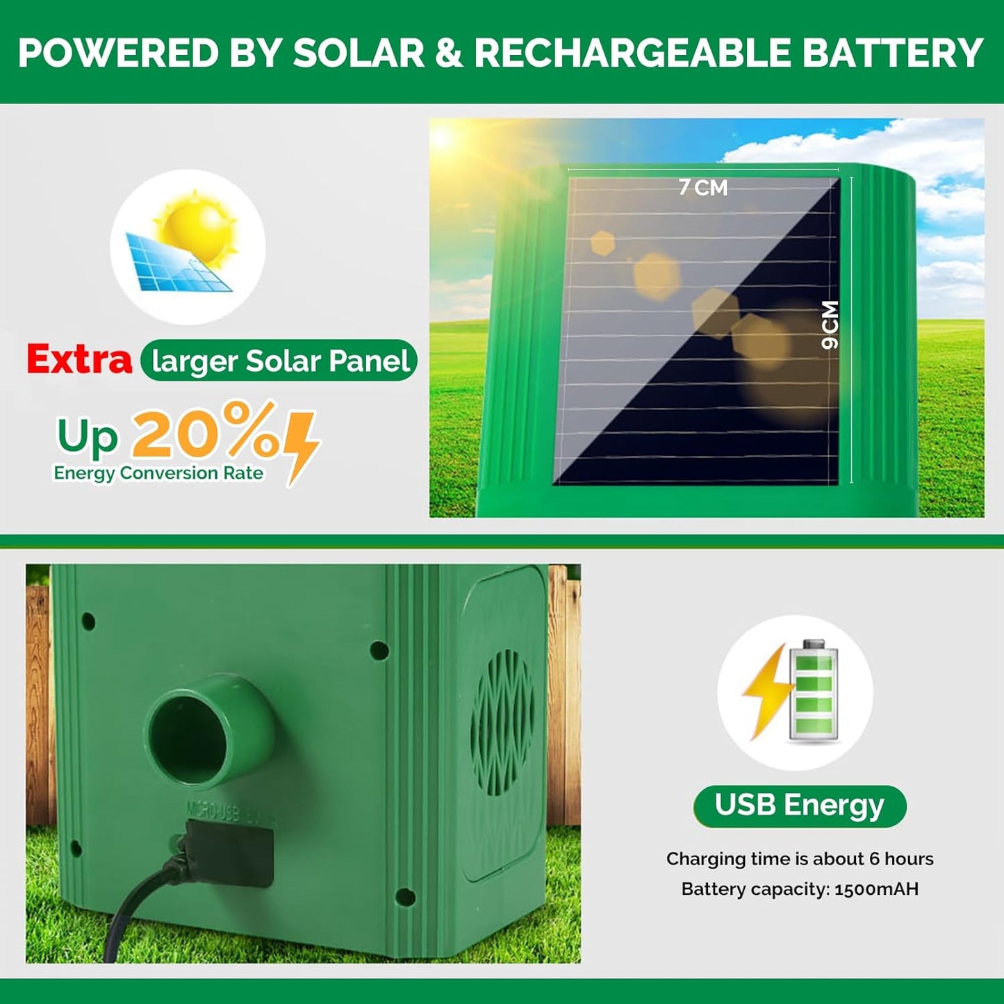 Dispozitiv cu ultrasunete anti-daunatori, cu panou solar, lumini LED, 5 moduri ajustabile, impotriva animalelor salbatice, anti rozatoare, caini, pisici, incarcare solara si USB, impermeabil IP65, verde