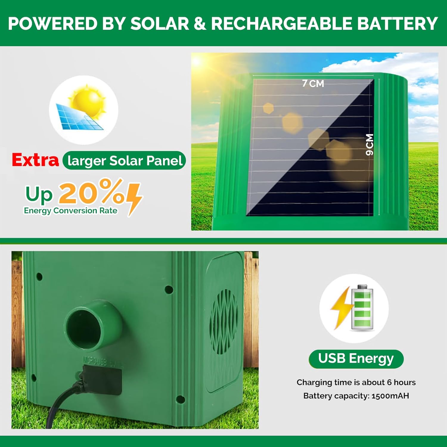 Dispozitiv cu ultrasunete anti-daunatori, cu panou solar, lumini LED, 5 moduri ajustabile, impotriva animalelor salbatice, anti rozatoare, caini, pisici, incarcare solara si USB, impermeabil IP65, verde