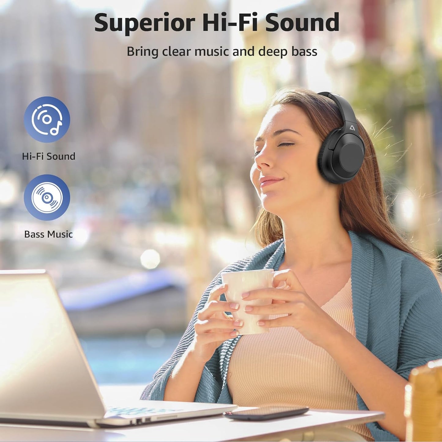 Casti wireless Over the Ear Bluetooth, Noise Cancelling ANC, sunet Hi-Fi, microfon, timp redare pana la 75 ore, Bass Music, negru