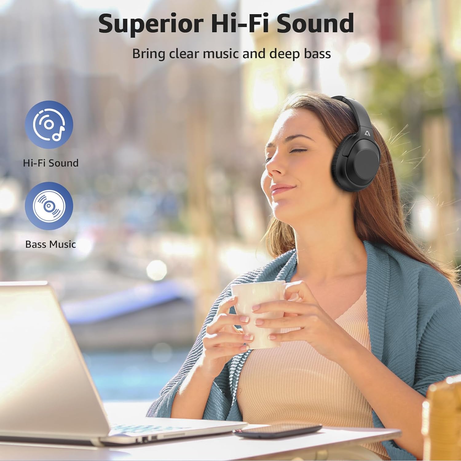 Casti wireless Over the Ear Bluetooth, Noise Cancelling ANC, sunet Hi-Fi, microfon, timp redare pana la 75 ore, Bass Music, negru