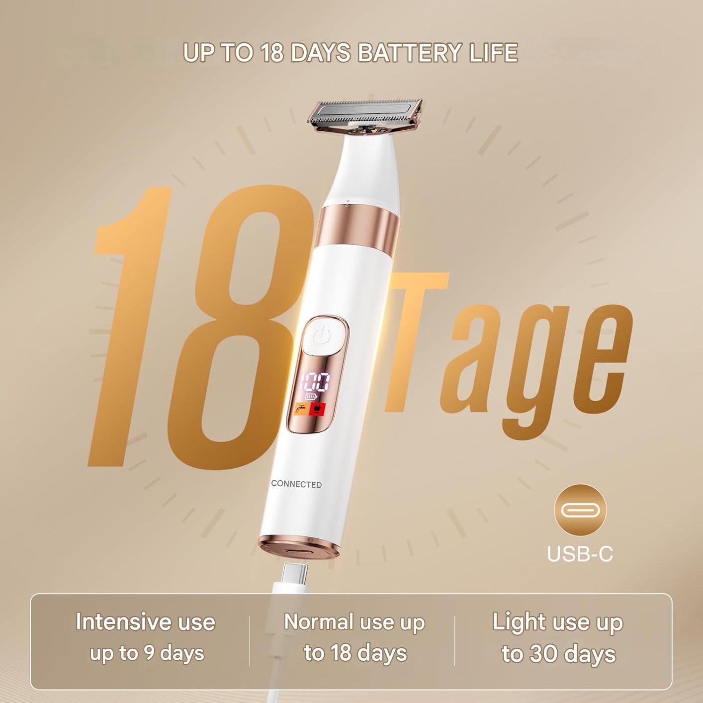 Aparat de ras electric pentru femei, shaver 2 in 1 cu display LED, impermeabil IPX6, cap flexibil, 90 minute durata de functionare, alb