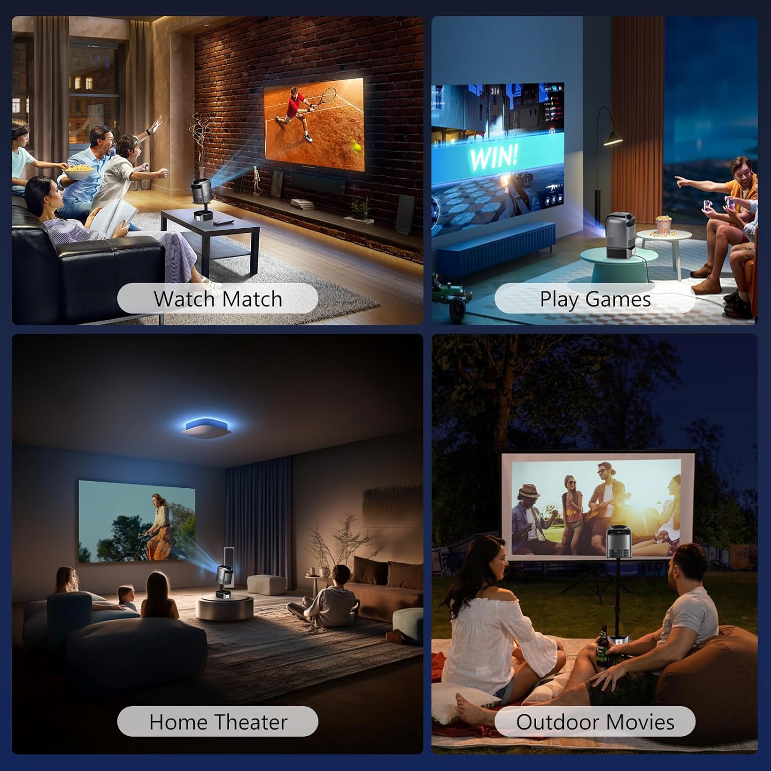Videoproiector cu WiFi 6, Bluetooth, stand cu inaltime reglabila, Full HD 1080p, accepta 4K, 10000 lumeni, autofocus, corectie keystone, difuzor incorporat, pentru smartphone, tableta, consola, PC
