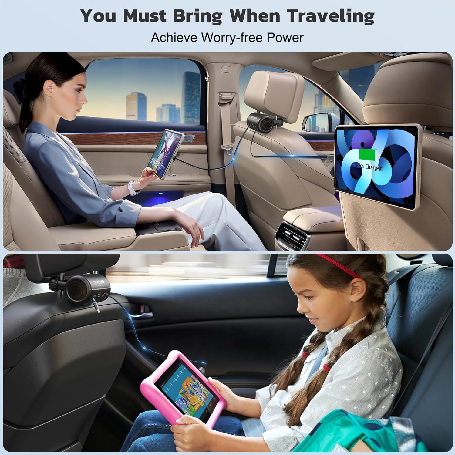 Incarcator auto 6 in 1 pentru tetiera, 110 W, retractabil, PD&Quick Charge 3.0, 6 porturi de incarcare, lumina LED albastra, adaptor incarcator auto compatibil cu iPhone 16/15/14/Pro, Samsung, Google, accesorii de calatorie