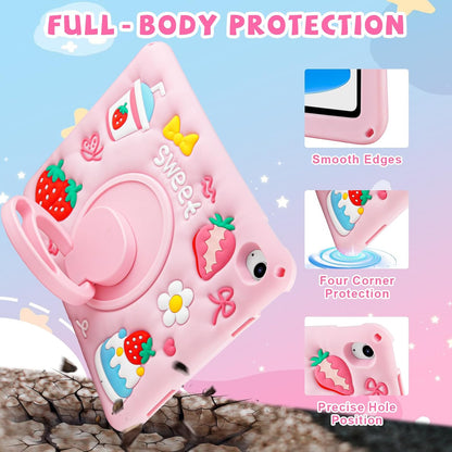 Husa de protectie pentru iPad Gen 11 (A16) de 11inch si iPad Gen 10 10, 9 inch, cu stand tip inel pliabil si rotativ, curea de umar detasabila, rezistenta la socuri, roz