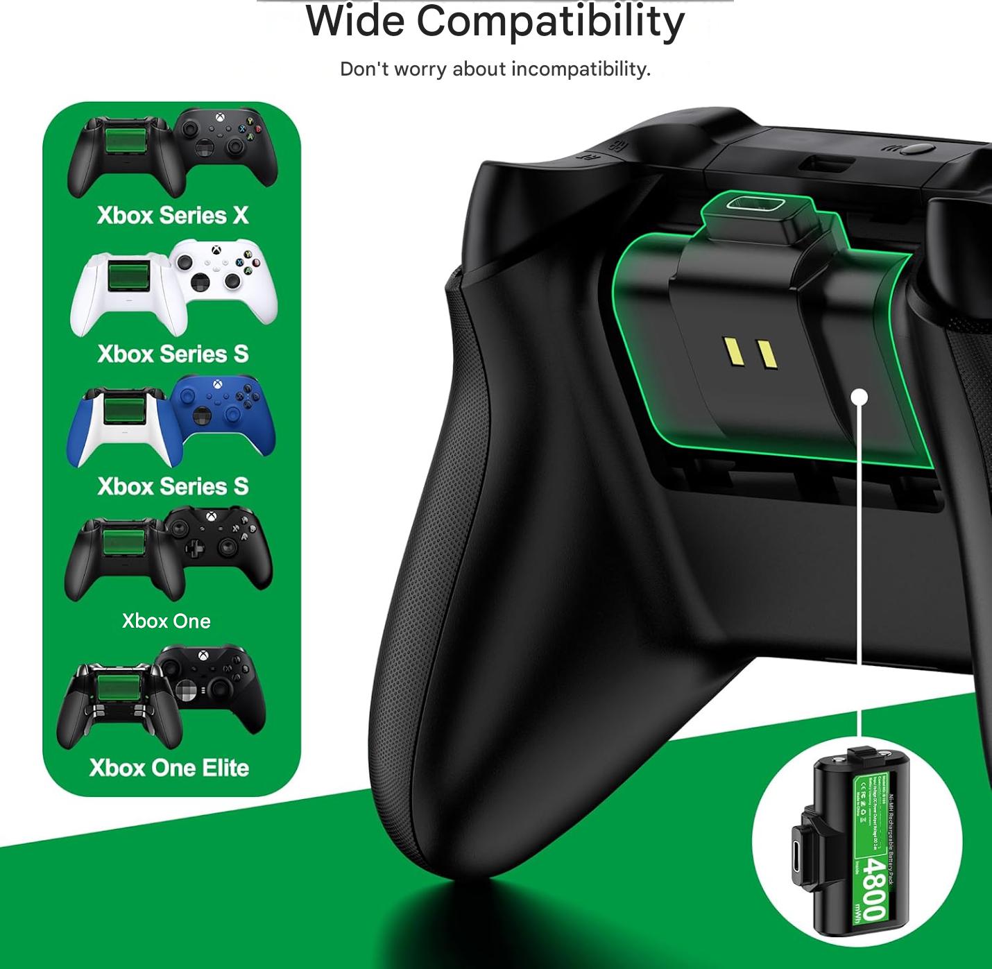 Set 2 acumulatori Xbox Ni-MH 4800mWh HELLCOOL + cablu USB-C incarcare, compatibili Xbox Series X/S, Xbox One S/X/Elite, baterii reincarcabile, 2000 cicluri, incarcare in timpul jocului