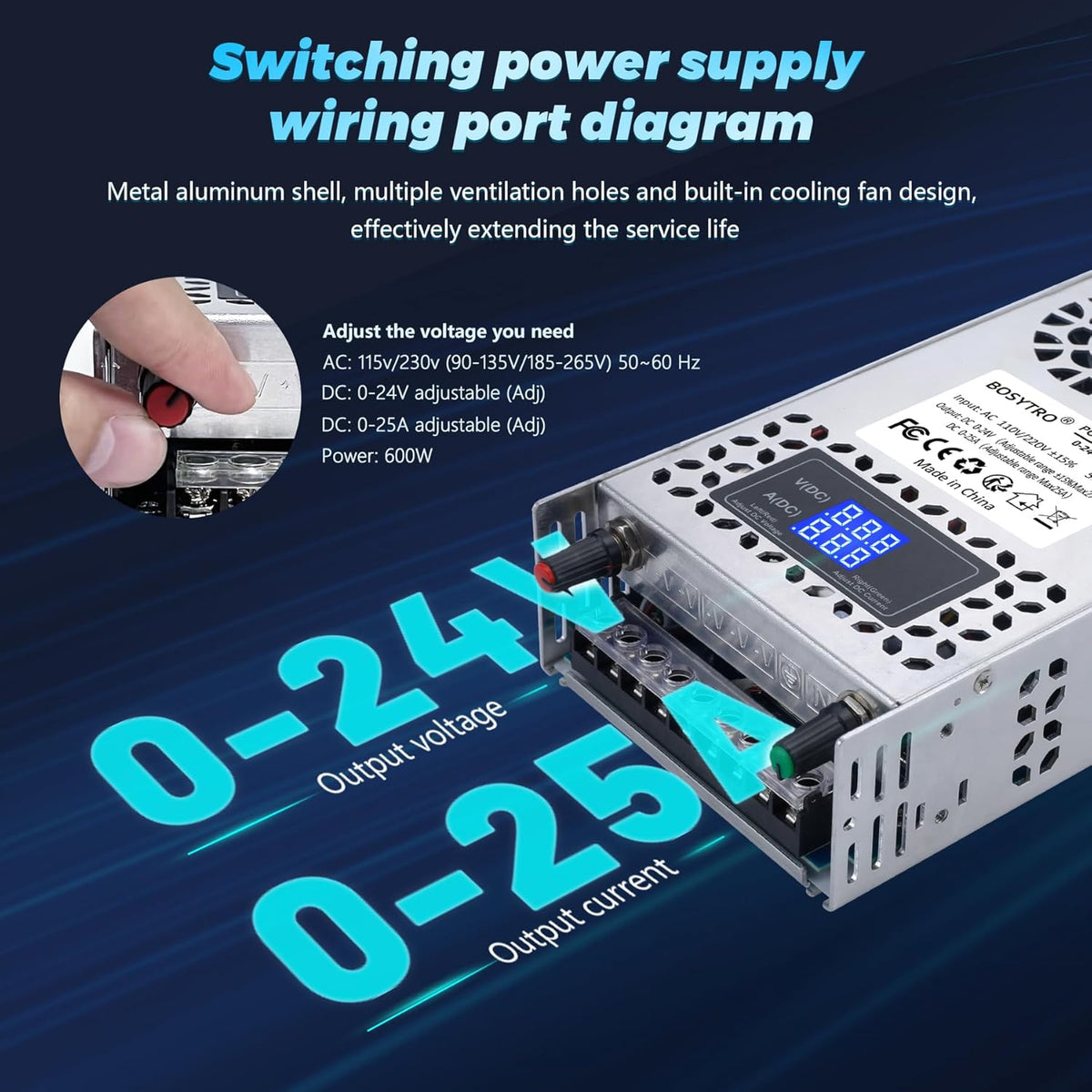 Sursa de alimentare modulara reglabila 0-24V, 0-25A, AC 110V/220V, 600 W, cu display, ventilata, carcasa din aluminiu, pentru banda LED, sisteme supraveghere video, automatizari