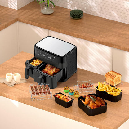 Set 19 accesorii pentru friteuza cu aer cald Tefal EY9018 Dual Easy Fry 5, 2/3, 1 L, cu tavi de silicon, gratare, clesti, forme de briose, tava de paine, multifunctionale