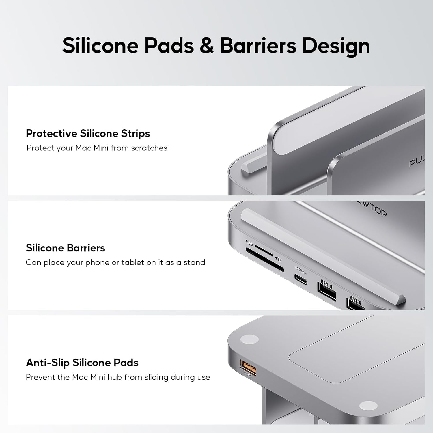 Suport Hub pentru Mac Mini M2/M1, Docking Station vertical 8 in 1 cu slot SSD PCIe, 3 slot USB-A, USB-C 10 Gbps, cititor de carduri SD/TF, mufa audio 3, 5 mm, cu suport telefon