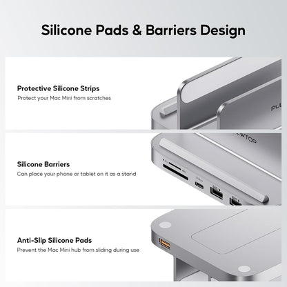Suport Hub pentru Mac Mini M2/M1, Docking Station vertical 8 in 1 cu slot SSD PCIe, 3 slot USB-A, USB-C 10 Gbps, cititor de carduri SD/TF, mufa audio 3, 5 mm, cu suport telefon