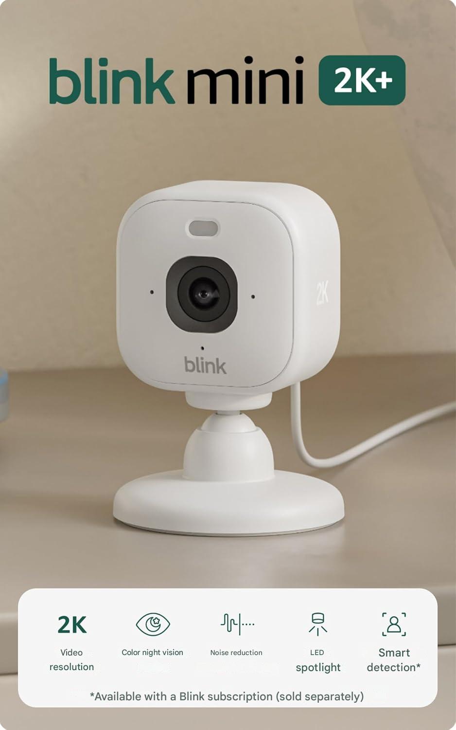 Camera de supraveghere Blink Mini 2K, rezolutie 2K, zoom 4X, vedere nocturna color cu LED, audio bidirectional cu anulare zgomot, functioneaza cu aplicatia Alexa, conectare la priza, alb