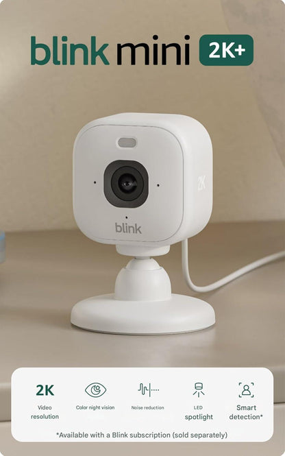 Camera de supraveghere Blink Mini 2K, rezolutie 2K, zoom 4X, vedere nocturna color cu LED, audio bidirectional cu anulare zgomot, functioneaza cu aplicatia Alexa, conectare la priza, alb