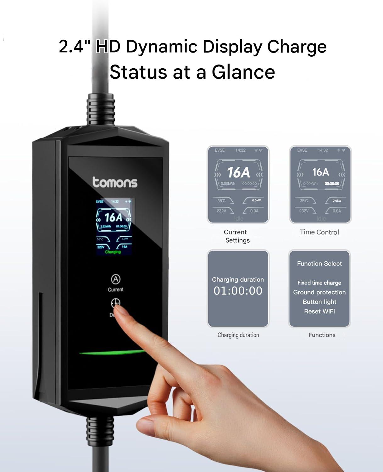 Statie de incarcare portabila EV Tomons 22kW, Wallbox mobil Type 2, cablu 7m, priza CEE trifazata 6-32A 400V, control prin aplicatie Bluetooth, ecran LCD 2.4”, IP65, putere si timp de incarcare reglabile, compatibil Tesla Model 3/Y, VW ID.3/4/5/7