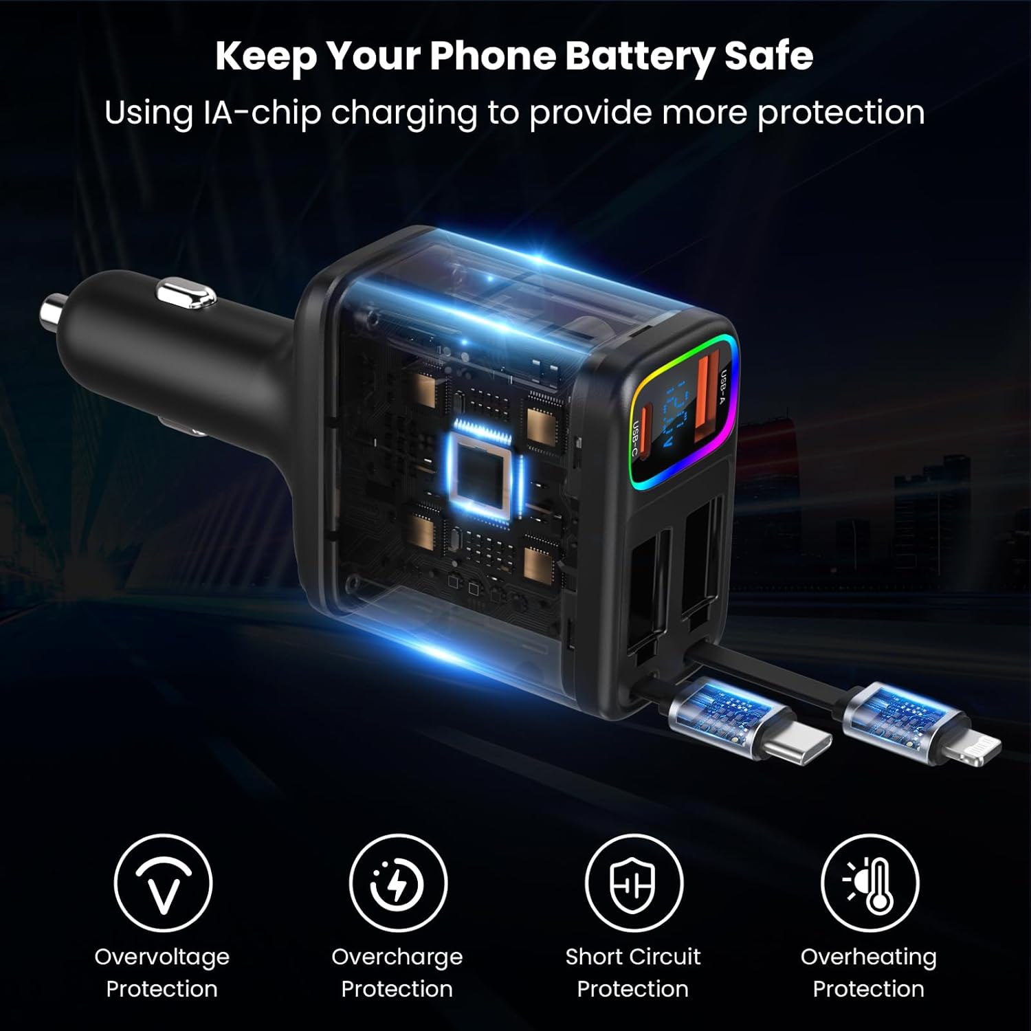 Incarcator auto 147 W PD&QC3.0, 12-24V, cu port USB-C si USB-A, cablu USB-C si iOS extensibil, incarcator rapid cu afisaj LED compatibil cu MacBook, smartphone, iPad, Switch