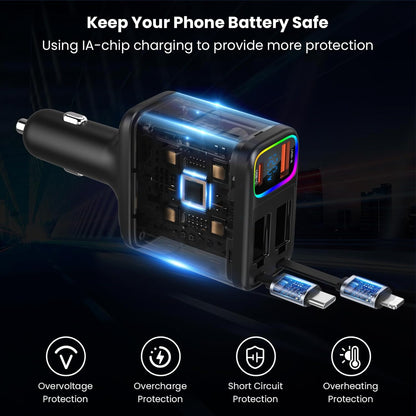Incarcator auto 147 W PD&QC3.0, 12-24V, cu port USB-C si USB-A, cablu USB-C si iOS extensibil, incarcator rapid cu afisaj LED compatibil cu MacBook, smartphone, iPad, Switch