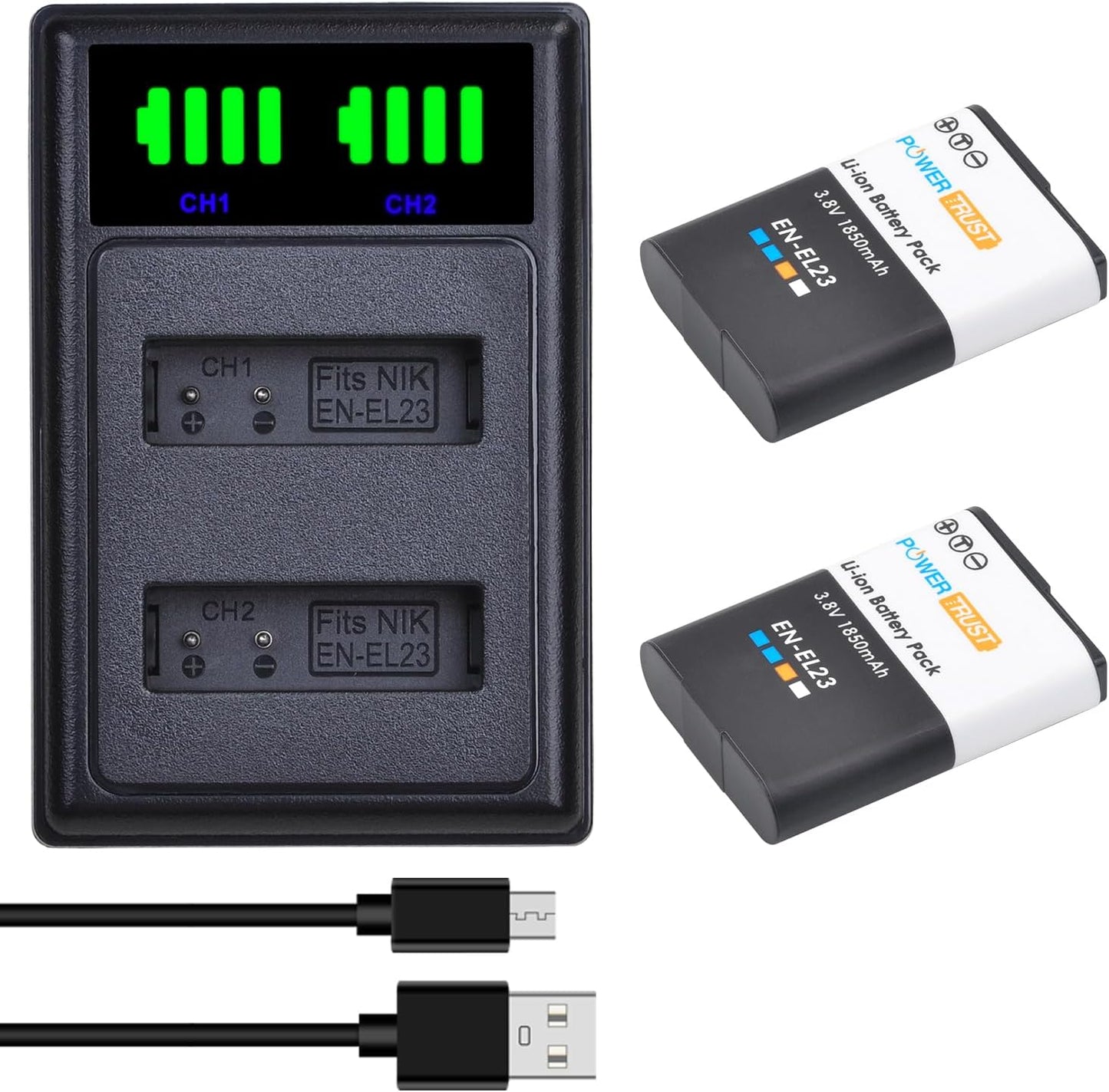 Set de 2 acumulatori EN-EL23 1850 mAh si incarcator dual, compatibil cu Nikon Coolpix P900 P600 P610 P610s P900s S810c B700