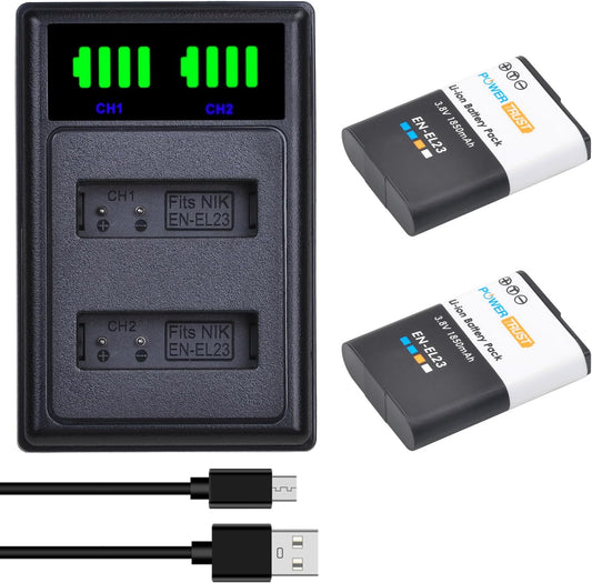 Set de 2 acumulatori EN-EL23 1850 mAh si incarcator dual, compatibil cu Nikon Coolpix P900 P600 P610 P610s P900s S810c B700