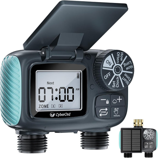 Computer de irigatii solar cu 2 zone, control automat si manual, functie intarziere la ploaie 24, 48, 72h, ecran LCD mare, incarcare solara si USB Tip C, rezistent IPX5, materiale durabile din alama si filtru metalic