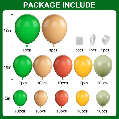 Set arcada baloane, decoratiuni petrecere verde, galben, portocaliu, de diferite dimensiuni, 102 bucati, cu banda baloane si buline adezive