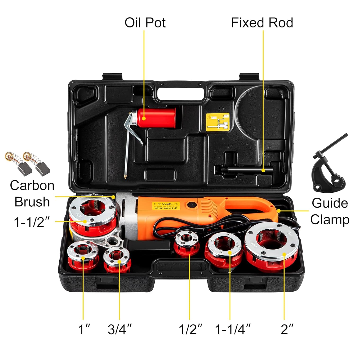 Masina de filetat VEVOR portabila 2300W 220V UE, filet electric tevi 1/2"–2", 6 matrite incluse, motor cupru 22 RPM, sistem reversibil, geanta transport, pentru tevi metalice, galvanizate si plastic, profesional