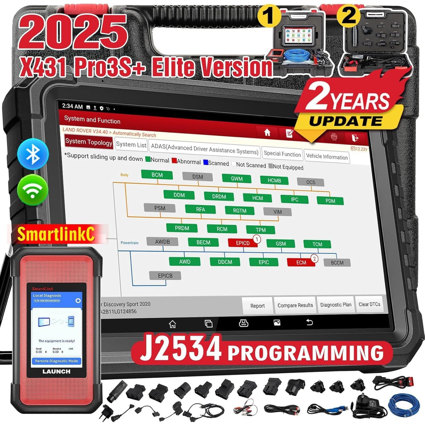 Tester auto profesional OBD2 cu codare ECU, control bidirectional, diagnoza la nivel OE, resetare 60+ sisteme, J2534, CANFD, DOIP, FCA SGW, cu Bluetooth, WiFi, acumulator 12600 mAh, 4GB RAM, 64GB ROM si touchscreen 10.1 inch, LAUNCH X431 PRO3S+ Elite